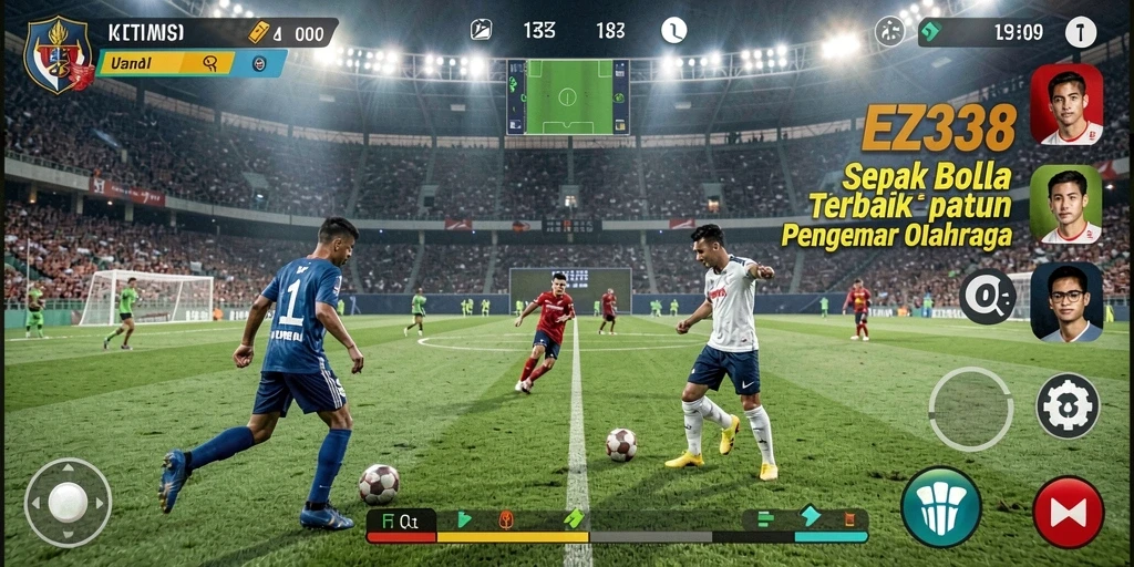 Screenshot utama EZ338 menunjukkan momen penting dalam pertandingan sepak bola.