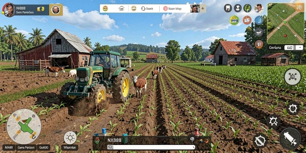 Tampilan gameplay NX888 dengan aktivitas bertani yang seru.