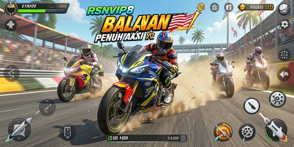 Tampilan gameplay RSNVIP8 saat balapan motor yang mendebarkan.