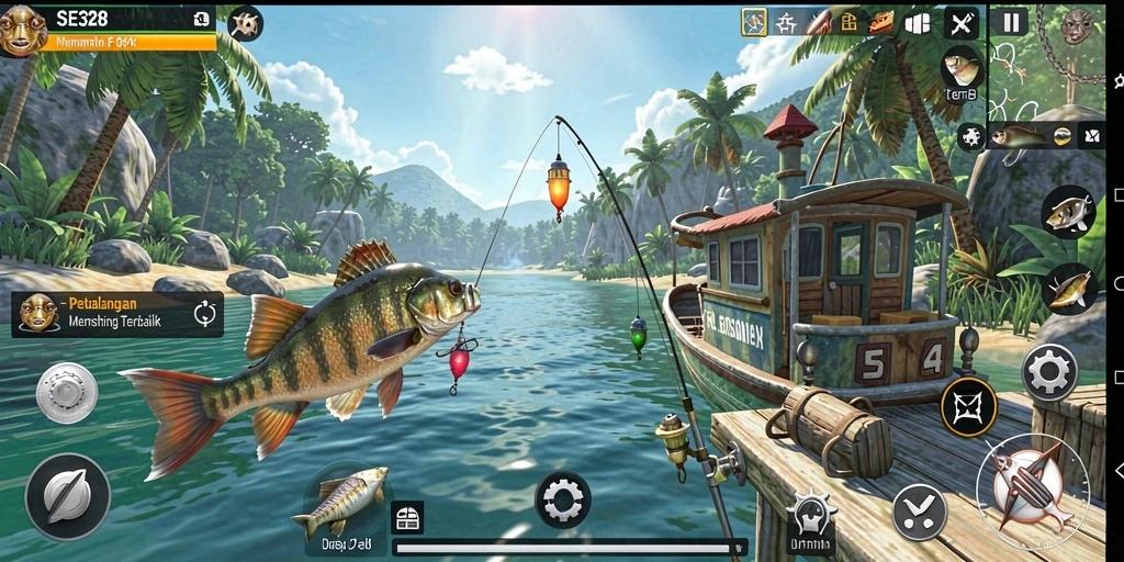 Gameplay SE328 menangkap momen seru saat memancing di laut.