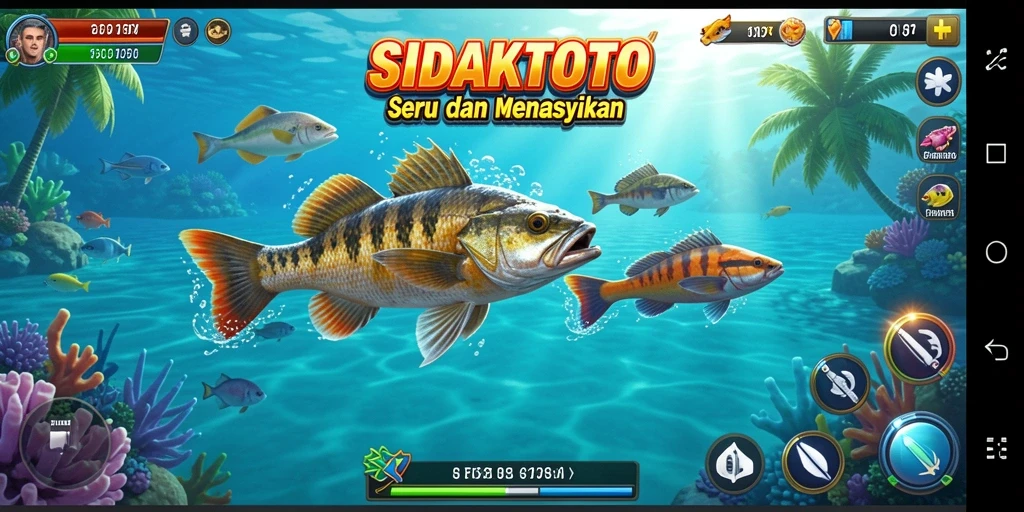 Menampilkan gameplay seru dari SIDAKTOTO dengan ikan yang berwarna-warni.